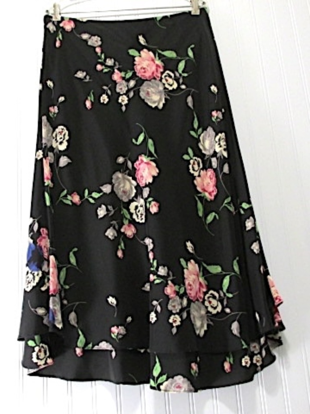 Ralph Lauren Black Floral Silk Full Tiered Midi Skirt, Size 12